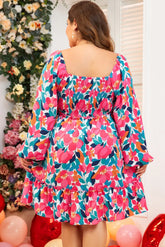 Plus Size Smocked Floral Square Neck Balloon Sleeve Dress OutfitFlow